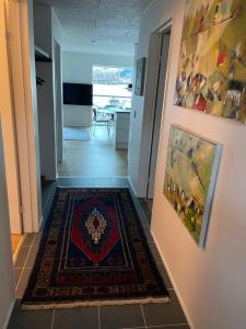a hallway with a rug on the floor at Nice modern apartment in Tórshavn