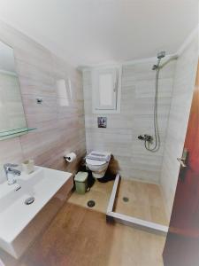 uma casa de banho com um WC, um lavatório e um chuveiro em Anna's apartments em Tolo