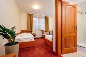 ein Hotelzimmer mit einem Schlafzimmer mit einem Bett und einer Tür in der Unterkunft Penzión Pod Babou in Omšenie