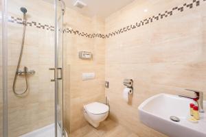 a bathroom with a shower and a toilet and a sink at Penzión Pod Babou in Omšenie +10 photos