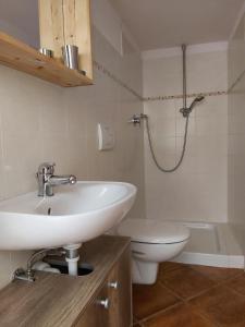 a bathroom with a sink and a toilet and a shower at Casa Tartaruga in Trarego