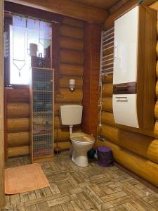 a bathroom with a toilet in a wooden cabin at У Фёдера и Маргариты in Nizhnyaya Grabovnitsa