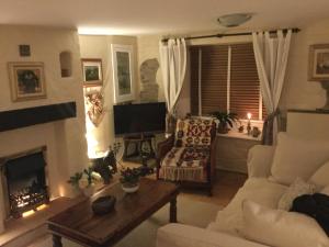 ein Wohnzimmer mit Couch und Kamin in der Unterkunft Jasmine Cottage in Lerryn
