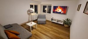 TV a/nebo společenská místnost v ubytování Chalupa Rochlitz s horkým koupacím sudem