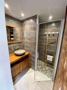 ein Bad mit einer Dusche und einem Waschbecken in der Unterkunft Diamond rock in Le Diamant