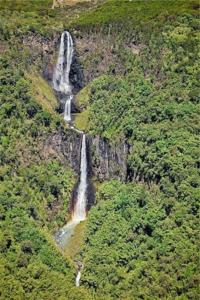 a waterfall on the side of a mountain with trees at Maverick Camp, Rondavels and Homestay in Nyandarua 
