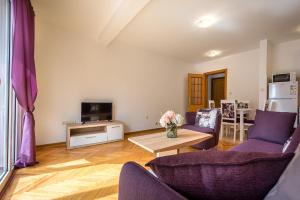 佩特羅瓦納莫魯的住宿－Summer apartments in Petrovac，客厅配有紫色椅子和桌子