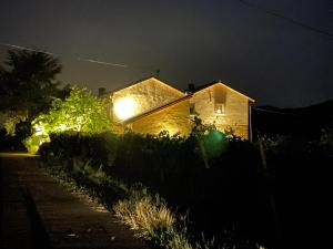 a house with a light on the side of it at night at Weingut & Gastehaus Andreas Erz in Brauneberg