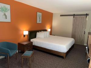 a hotel room with a bed and a blue chair at Urban Boutique Hotel; BW Signature Collection in Greenville +3 photos