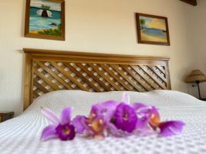 a group of purple orchids sitting on a bed at Hotel Los Cielos Del Caribe in Cahuita