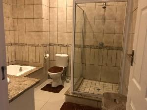 a bathroom with a shower and a toilet and a sink at Luxury3 bedroom 6 sleeper penthouse apartment in Shellybeach in Margate +10 photos