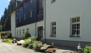 ein weißes Gebäude mit Fenstern und Felsen davor in der Unterkunft Waldhotel Dietrichsmühle in Crottendorf