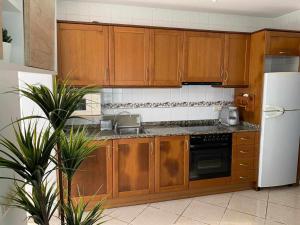 kuchnia z drewnianymi szafkami i białą lodówką w obiekcie A H RENTALS Montemar 4 apartamento w mieście Peñíscola