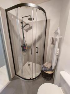 a shower stall in a bathroom with a toilet at chambre les ormes in Enchastrayes