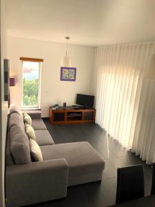 uma sala de estar com um sofá, uma mesa e uma televisão em Alojamentos Campo & Mar-T2 com Piscina em São Martinho do Porto