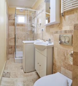 ein Bad mit einem WC, einer Dusche und einem Waschbecken in der Unterkunft Star Apartment in Timişoara