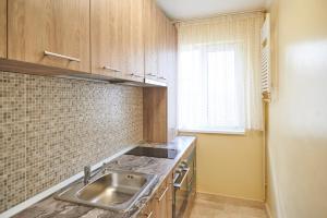 eine kleine Küche mit einem Waschbecken und einem Fenster in der Unterkunft Star Apartment in Timişoara