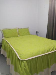 ein Bett mit einer grünen Decke darüber in der Unterkunft Residencial Melodia in Campos Novos