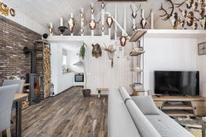 a living room with a couch and a tv at Riese Apartments in Riese