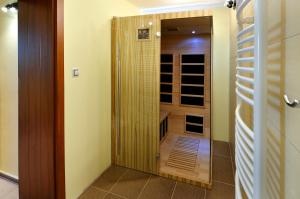 W łazience znajduje się kabina prysznicowa z lustrem. w obiekcie Vila Vlčí Hora w mieście Krásná Lípa
