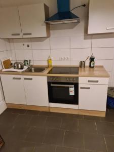 kuchnia z kuchenką i zlewem w obiekcie GSS18 1-OG Möblierte Wohnung in Oebisfelde w mieście Oebisfelde