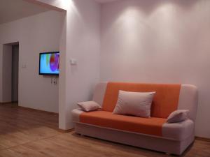 ルブリンにあるApartamenty Pokoje DreamZoneの薄型テレビ付きの客室で、オレンジ色のソファが備わります。