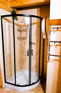 a glass shower in the corner of a room at Chata Raj in Hrabušice