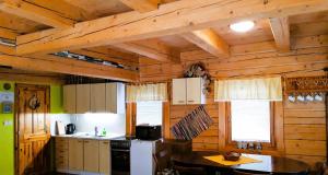 a kitchen with wooden walls and a wooden ceiling at Chata Raj in Hrabušice