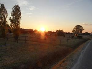 a sunset in a field with the sun setting behind a fence at In Battaglino in Cascina