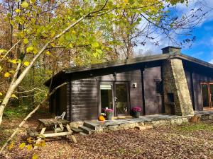 a small cabin in the woods with a porch at Forest Lodge in Petit Mesnil