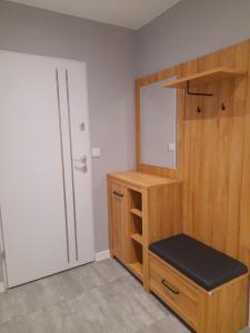 een kleedkamer met een houten kast en een spiegel bij Apartament Nad wierzbami in Piechowice