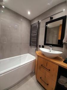 a bathroom with a sink and a tub and a mirror at Apartament Nad wierzbami in Piechowice