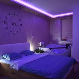 1 dormitorio con 1 cama y reloj en la pared en Jacuzzi Room, en Subotica