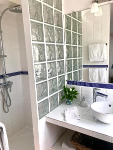 a bathroom with a sink and a shower at Le 1835, Studio Bleu-Coton in Moustiers-Sainte-Marie