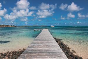 a dock in the water with a boat in the distance at La Perle du Lagon in Le François