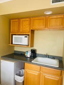 a kitchen with a sink and a microwave at Senate Luxury Suites in Topeka