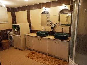 a bathroom with two green sinks and a refrigerator at Apartamencik za lasem in Krynica Zdrój +22 photos