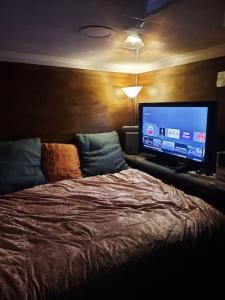 a bedroom with a bed and a flat screen tv at Adorable private suite with free street parking in Leicester