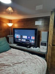 a bedroom with a flat screen tv and a bed at Adorable private suite with free street parking in Leicester