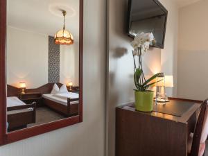 
a room with a mirror and a vase of flowers at Hotel Garni Geisler in Cologne
