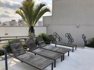 une rangée de bancs sur un toit avec un palmier dans l'établissement SeuLar o conforto de um Lar em Qualquer Lugar, à São Paulo