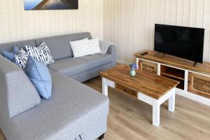 a living room with a couch and a television at Ferienhaus Larsson mit Sauna am Dümmer See, Dümmer in Dümmer