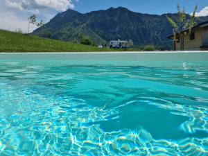 una piscina de agua con montañas en el fondo en Chalet Gamsknogel, Inzell, en Inzell