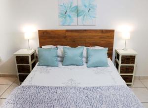 a bedroom with a large bed with blue pillows at Green Scape Flatlet in Pretoria