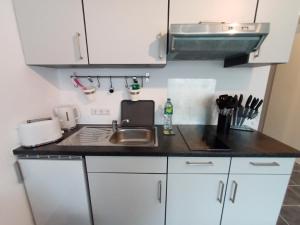 Una cocina con gabinetes blancos y un fregadero. en BodenSEE Apartments Fischbach Eichenmühleweg, en Fischbach