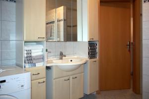 ein kleines Badezimmer mit Waschbecken und Spiegel in der Unterkunft Ferienhaus Planetz in Kaindorf