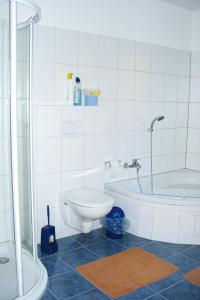 a bathroom with a toilet and a bath tub at Landhaus Amadeus, Radstadt in Radstadt