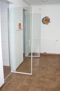 a glass shower in a room with a tile floor at Landhaus Amadeus, Radstadt in Radstadt