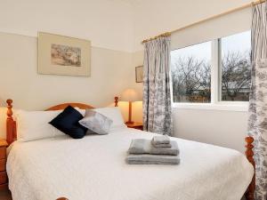 a bedroom with a white bed with a window at Plum Tree Cottage in Bowral