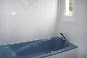 a blue bath tub in a bathroom with a window at Holiday Home Trebeurden by Pink Granite Coast in Trébeurden +14 photos